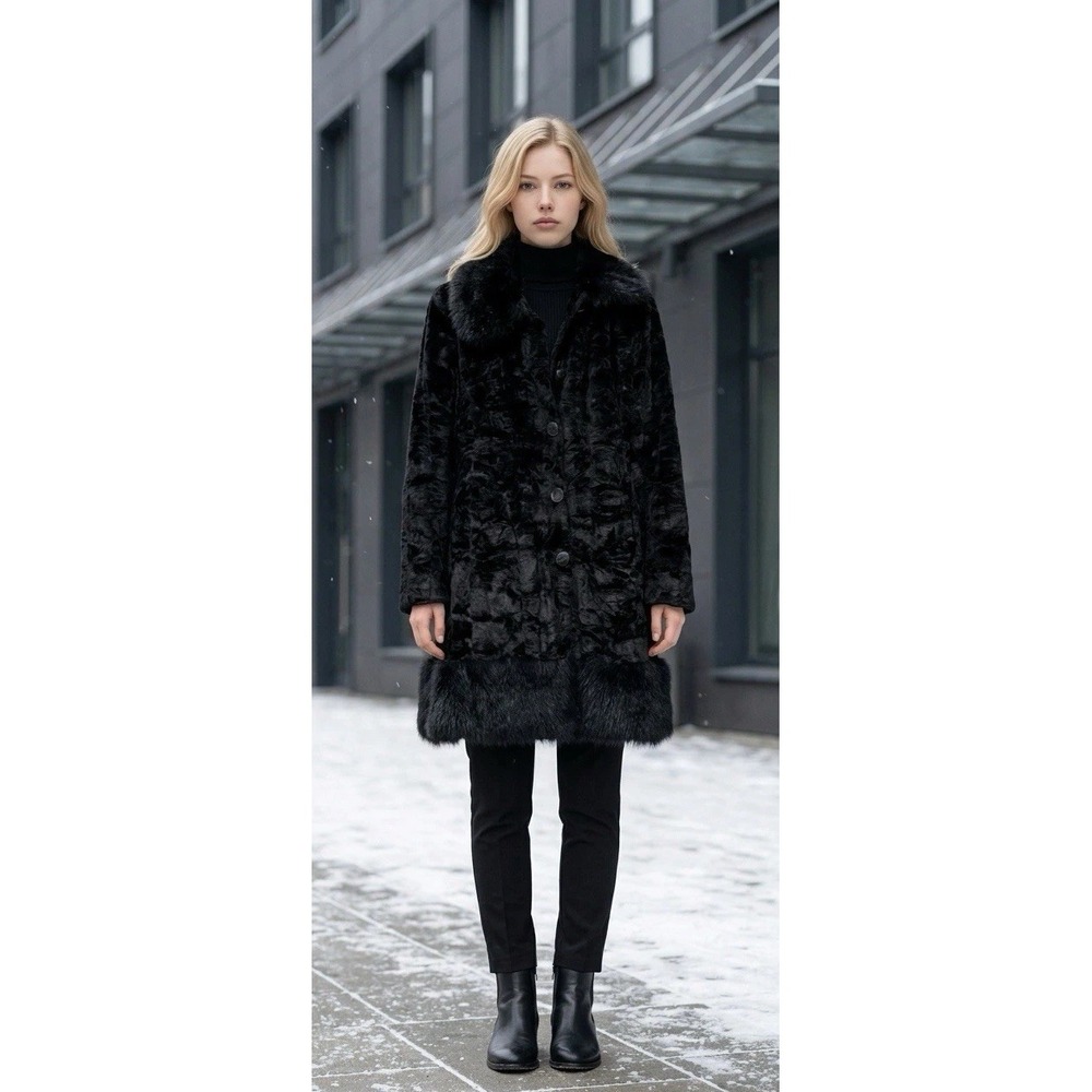 1 Madison Vintage 90s Black Faux Fur Trim Winter Overcoat Women's Medium